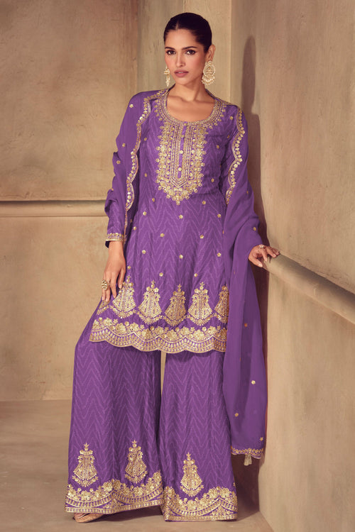 Chinon Purple Embroidered Readymade Palazzo Dress