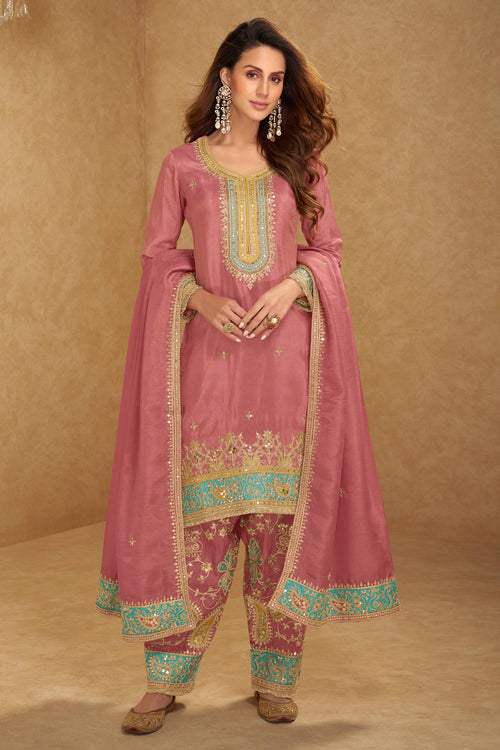 Function Wear Embroidered Readymade Designer Salwar Kameez In Art Silk Pink Color