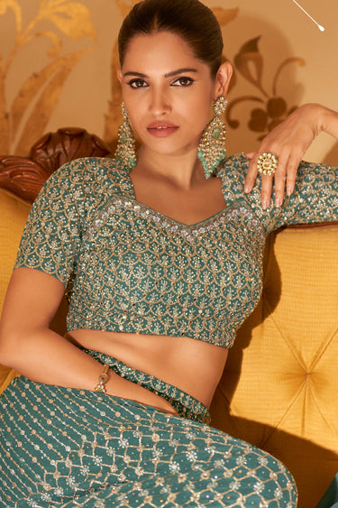 Teal Georgette Designer Readymade Palazzo With Designer Blouse And Dupatta