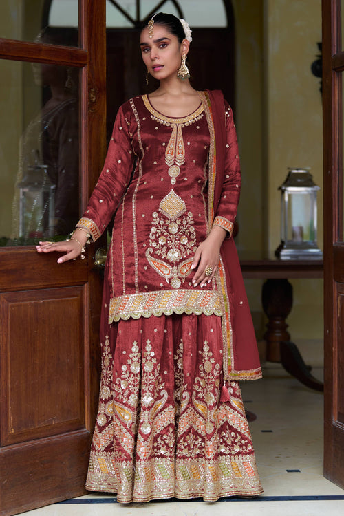 Maroon Embroidered Readymade Palazzo Salwar Suit