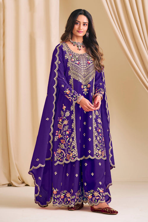 Blue Sangeet Wear Chinon Embroidered Readymade Palazzo Suit