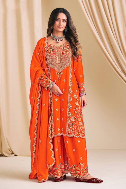 Embroidered Chinon Orange Readymade Palazzo Suit For Sangeet Wear