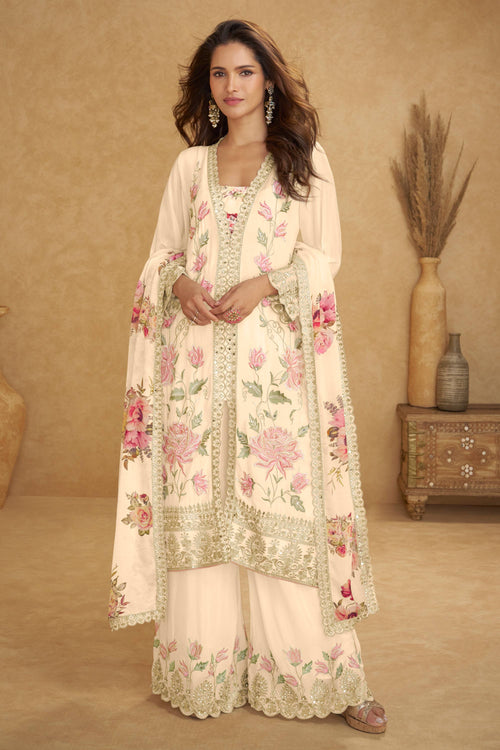 Beige Readymade Palazzo Set With Dupatta