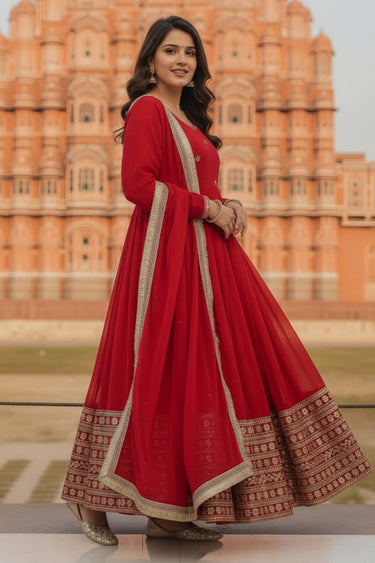 Pretty Red Georgette Readymade Anarkali Salwar Suit