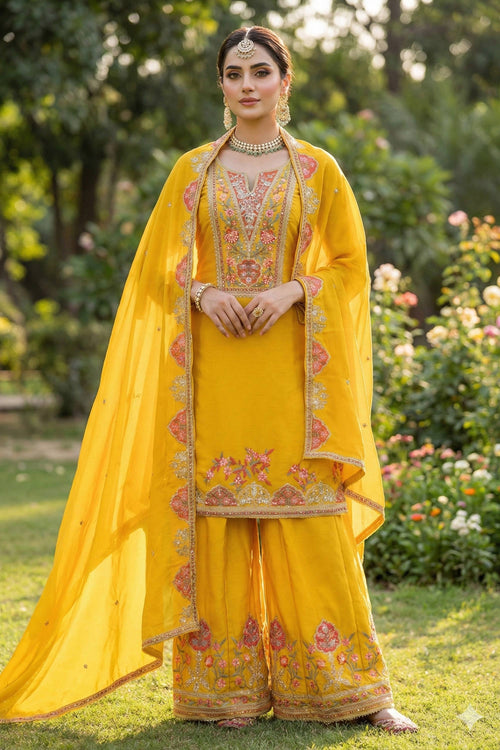 Yellow Festive Wear Chinon Embroidered Palazzo Suit