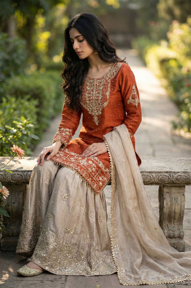 Art Silk Embroidered Readymade Top With Sharara Style Salwar Suit