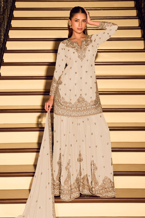 Beige Function Wear Chinon Silk Embroidered Readymade Palazzo Suit