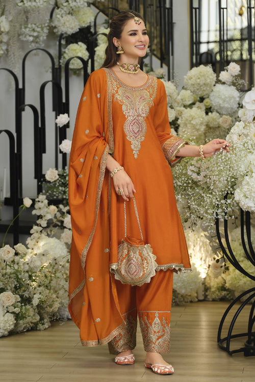Embroidered Chinon Orange Readymade Designer Salwar Suit For Sangeet Wear