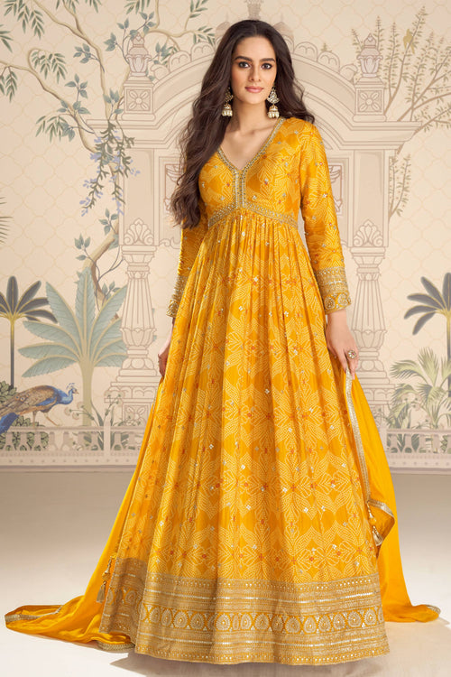 Yellow Party Wear Chinon Silk Bandhani Print Gown With Fancy Dupatta