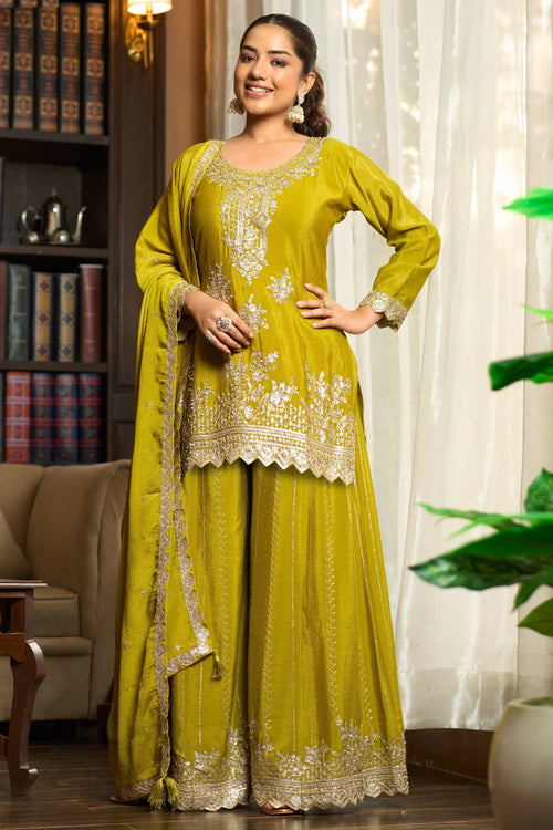 Heavy Embroidered Yellow Readymade Palazzo Salwar Suit