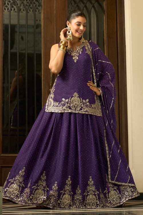 Purple Georgette Silk Embroidered Readymade Sharara Style Lehenga For Party Wear