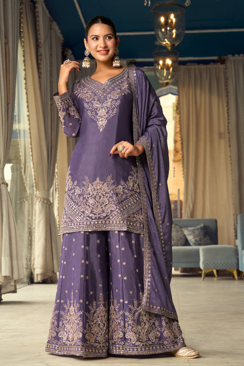 Purple Sangeet Wear Chinon Silk Fabric Readymade Palazzo Suit