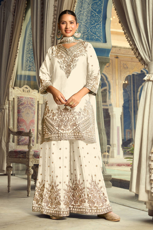 Embroidered Chinon Silk Off White Sangeet Wear Readymade Palazzo Suit