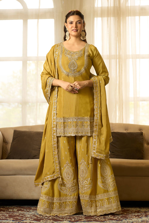 Embroidered Chinon Silk Mustard Readymade Palazzo Suit For Wedding Wear