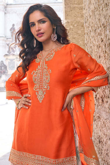 Designer Orange Embroidered Readymade Short Top With Palazzo Set