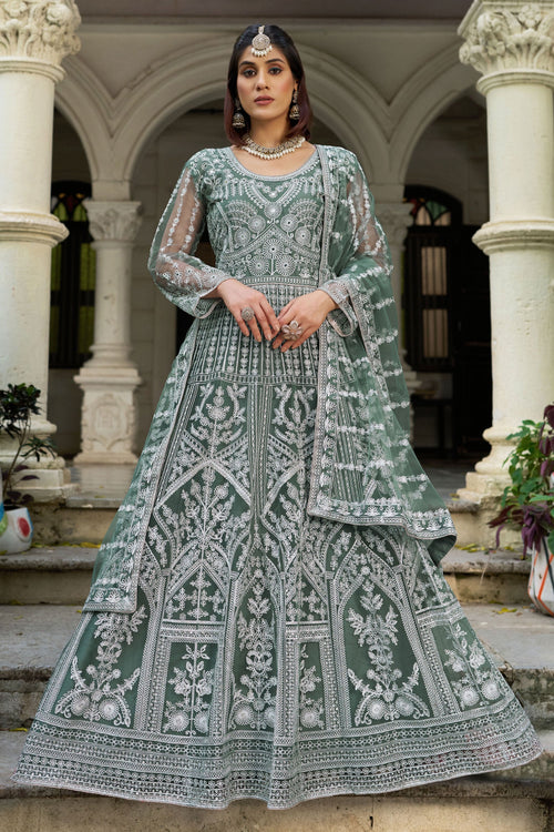 Designer Net Readymade Anarkali Suit With Embroidery Work