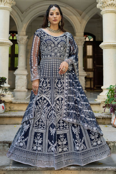 Navy Blue Net Embroidered Readymade Anarkali Suit For Function Wear
