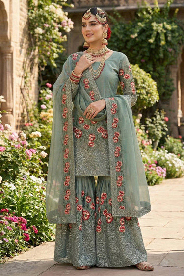 Art Silk Fabric Cyan Function Wear Readymade Palazzo Suit