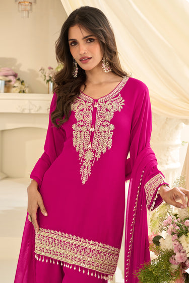 Georgette Embroidered Magenta Readymade Top With Palazzo Salwar Suit