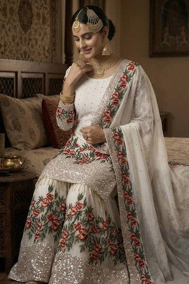 Designer White Art Silk Party Wear Sharara Salwar Kameez