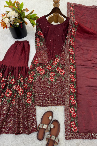 Premium Maroon Art Silk Readymade Pakistani Sharara Dress