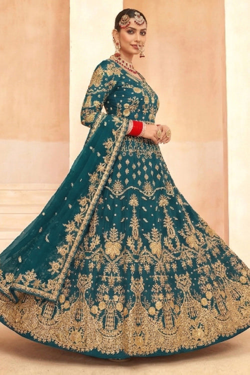 Traditional Teal Net Floor Length Anarkali Suit For Festive Wear