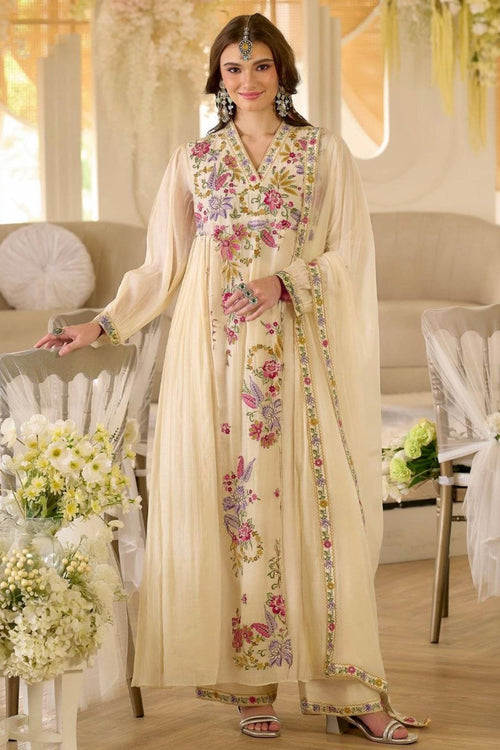 Georgette Embroidered Beige Readymade Anarkali Salwar Kameez