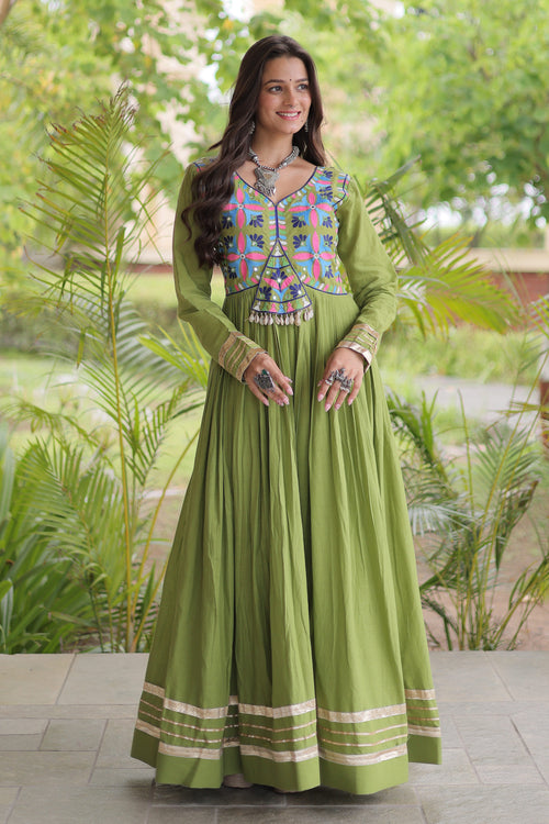 Green Cotton Embroidered Ethnic Flared Anarkali Gown