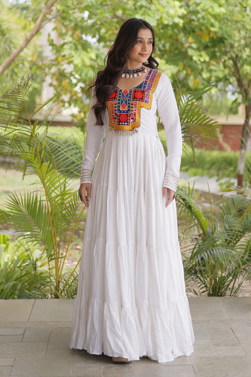 Traditional White Handwork Embroidered Long Anarkali Gown