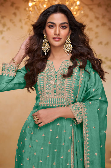 Emerald Sea Green Embroidered Sharara Suit