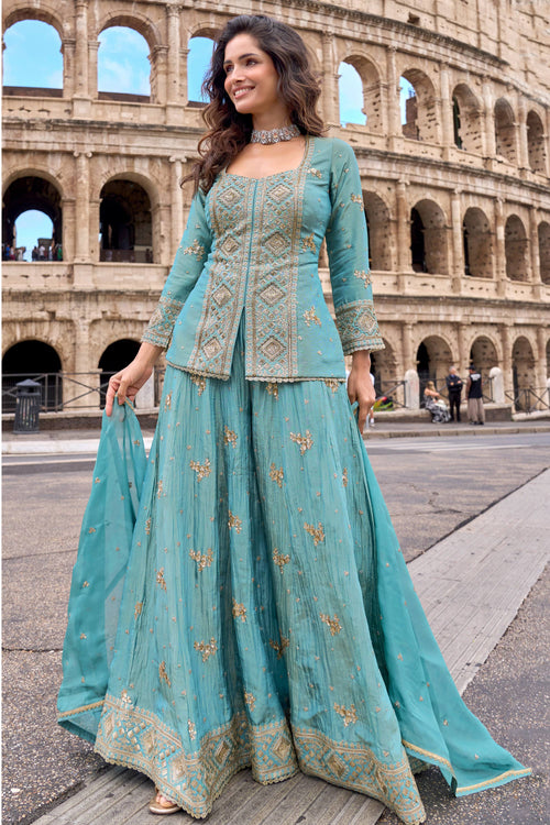 Heritage Cyan Heavy Chinon Silk Wedding Wear Palazzo Suit