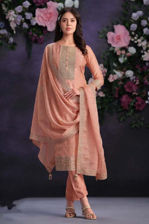 Premium Peach Festive Wear Embroidered Salwar Kameez
