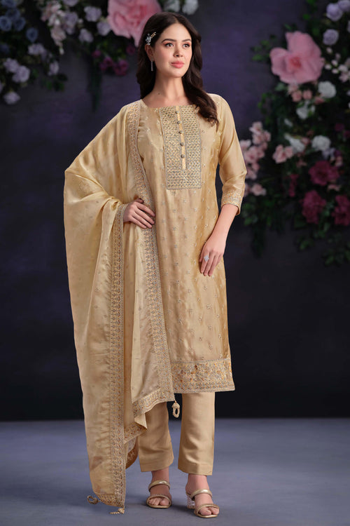 Zari Embroidered Festive Wear Cream Salwar Suit