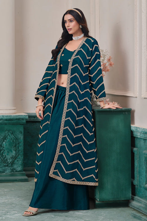 Designer Teal Function Wear Palazzo With Long Jacket