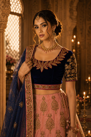 Retro Style Pink Embroidered Wedding Lehenga Choli