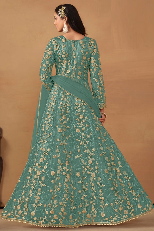 Sea Green Color Net Fabric Embroidered Classic Anarkali Suit