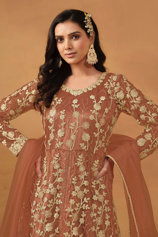 Orange Color Net Fabric Embroidered Vintage Anarkali Suit