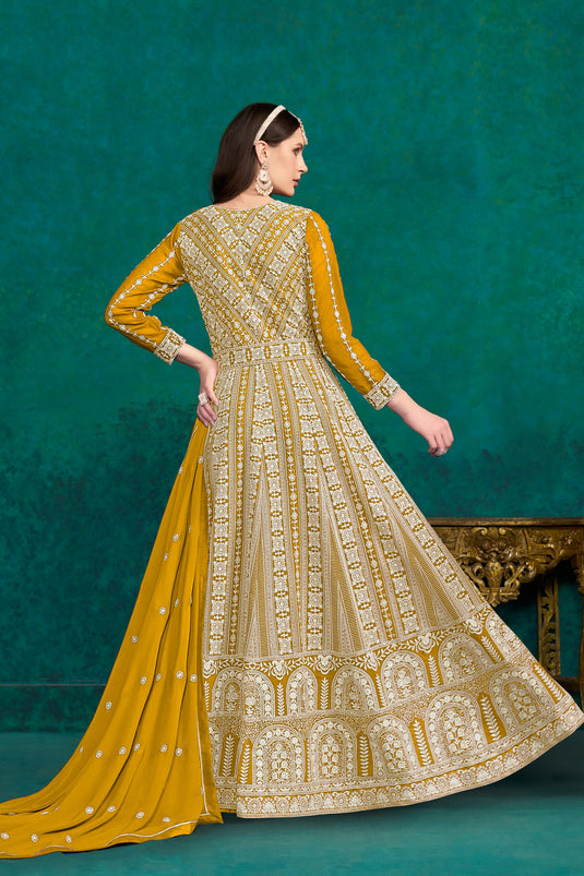 Incredible Georgette Fabric Mustard Color Embroidered Anarkali Suit
