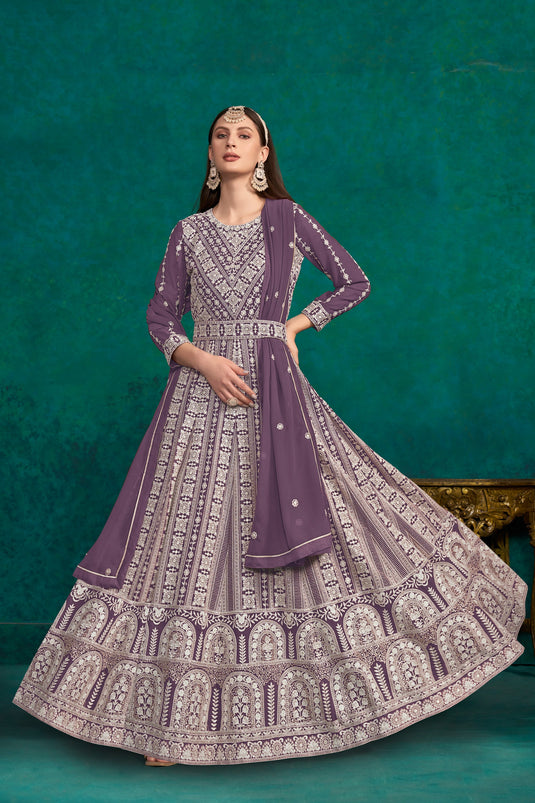 Tempting Georgette Fabric Purple Color Embroidered Anarkali Suit