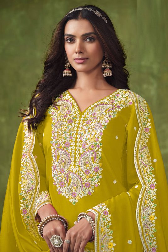 Tempting Art Silk Fabric Yellow Color Festive Wear Salwar Suit
