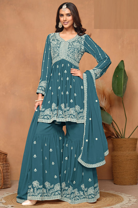 Classic Teal Color Function Wear Georgette Sharara Suit