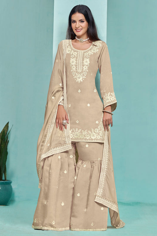 Beige Color Art Silk Fabric Embroidered Classic Sharara Suit