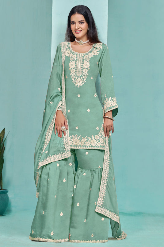 Sea Green Color Art Silk Fabric Embroidered Vintage Sharara Suit