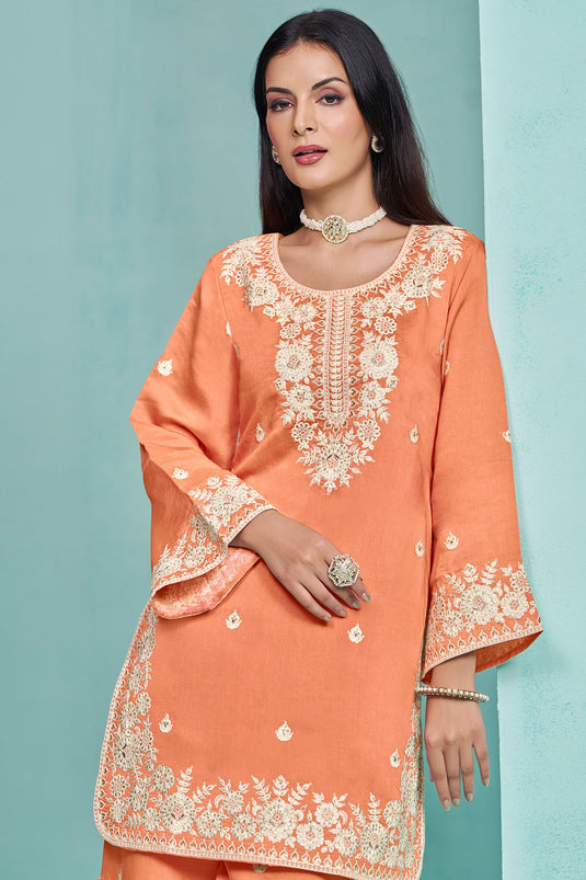 Art Silk Fabric Embroidered Lovely Sharara Suit In Orange Color