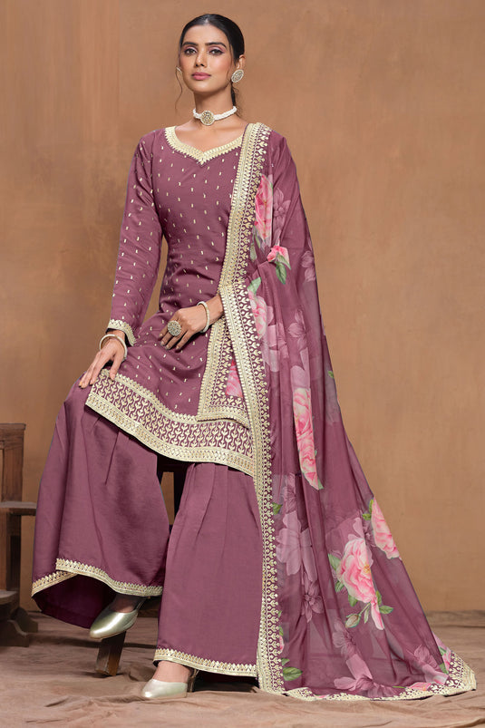 Tempting Art Silk Fabric Purple Color Palazzo Suit With Floral Design Dupatta