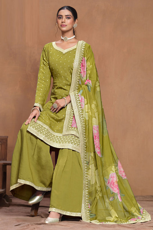 Classic Green Color Palazzo Suit With Floral Design Dupatta In Art Silk Fabric