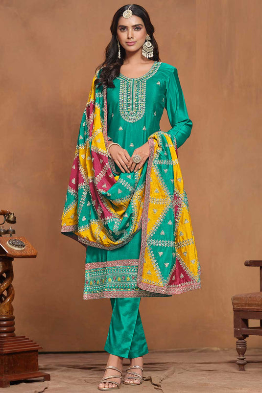 Sea Green Color Chinon Fabric Alluring Festive Wear Salwar Suit