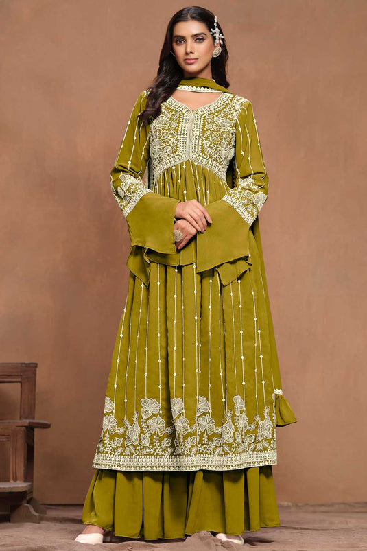 Tempting Georgette Fabric Mehendi Green Color Embroidered Palazzo Suit