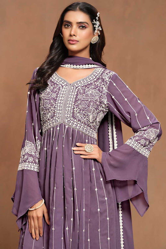 Engaging Lavender Color Georgette Fabric Embroidered Palazzo Suit