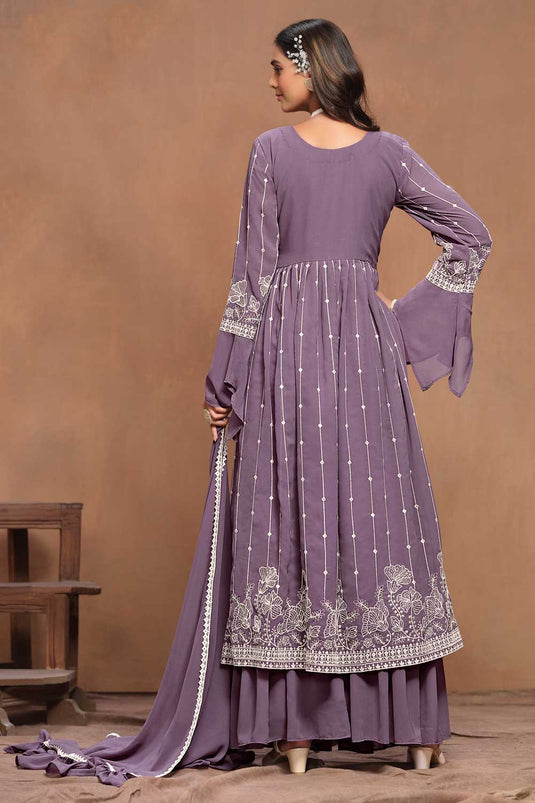 Engaging Lavender Color Georgette Fabric Embroidered Palazzo Suit